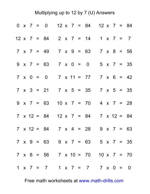The 36 Horizontal Multiplication Facts Questions -- 7 by 0-12 (U) Math Worksheet Page 2