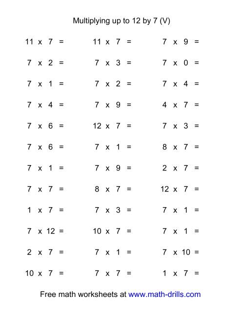 The 36 Horizontal Multiplication Facts Questions -- 7 by 0-12 (V) Math Worksheet