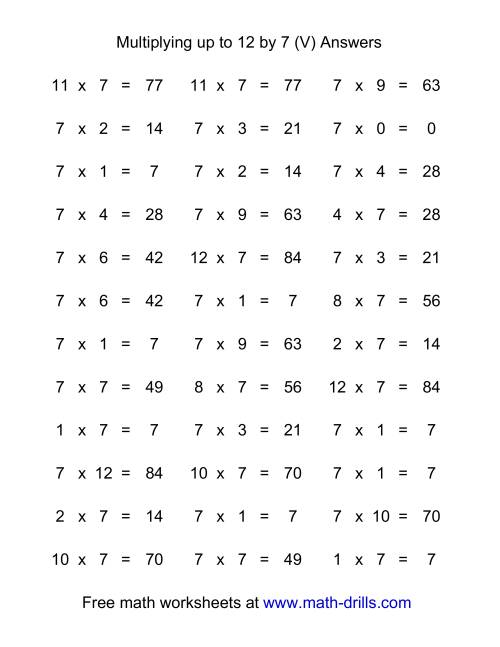 The 36 Horizontal Multiplication Facts Questions -- 7 by 0-12 (V) Math Worksheet Page 2