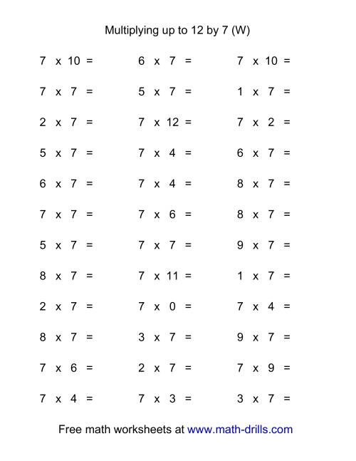 The 36 Horizontal Multiplication Facts Questions -- 7 by 0-12 (W) Math Worksheet
