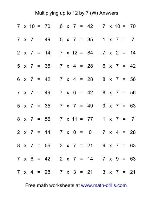 The 36 Horizontal Multiplication Facts Questions -- 7 by 0-12 (W) Math Worksheet Page 2