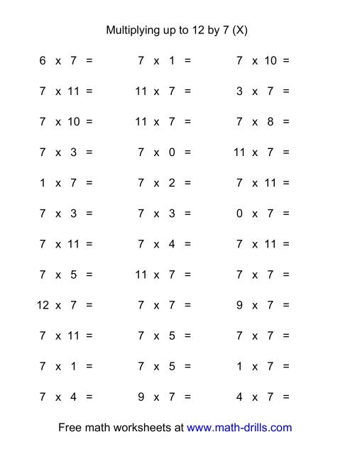 The 36 Horizontal Multiplication Facts Questions -- 7 by 0-12 (X) Math Worksheet