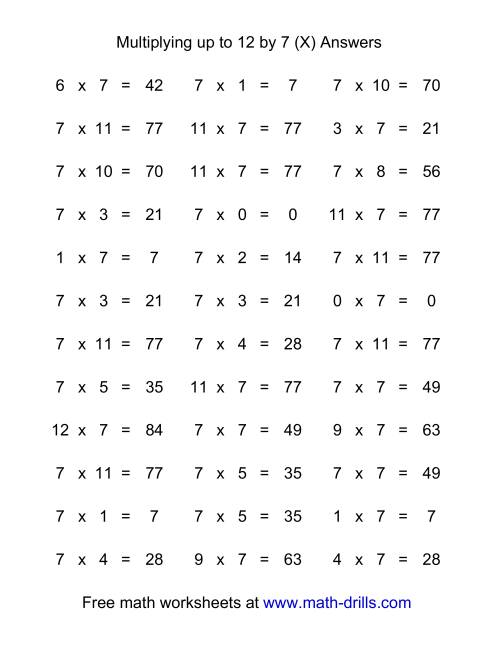 The 36 Horizontal Multiplication Facts Questions -- 7 by 0-12 (X) Math Worksheet Page 2