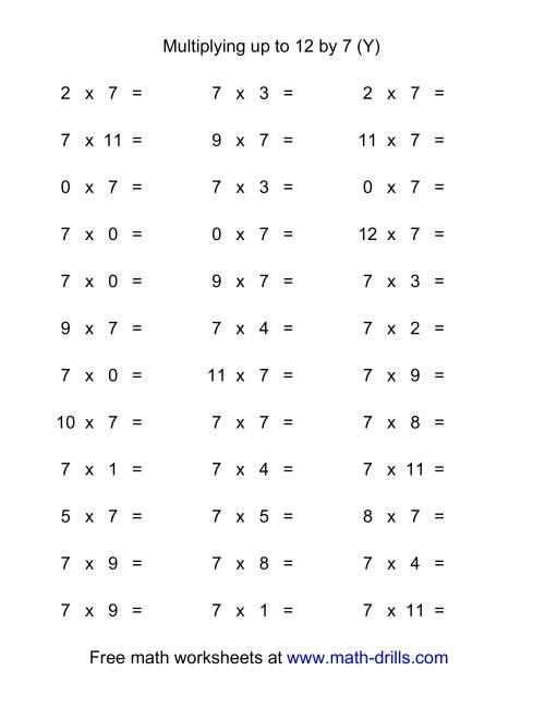 The 36 Horizontal Multiplication Facts Questions -- 7 by 0-12 (Y) Math Worksheet