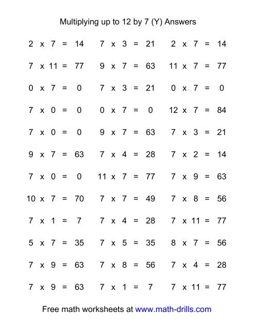 The 36 Horizontal Multiplication Facts Questions -- 7 by 0-12 (Y) Math Worksheet Page 2