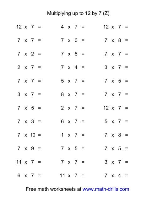 The 36 Horizontal Multiplication Facts Questions -- 7 by 0-12 (Z) Math Worksheet