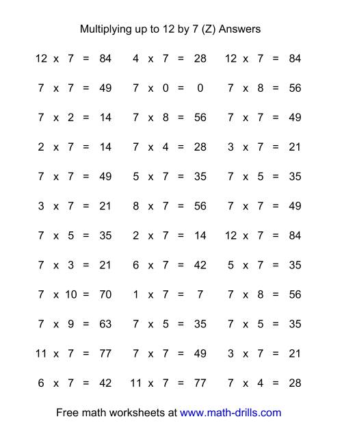 The 36 Horizontal Multiplication Facts Questions -- 7 by 0-12 (Z) Math Worksheet Page 2
