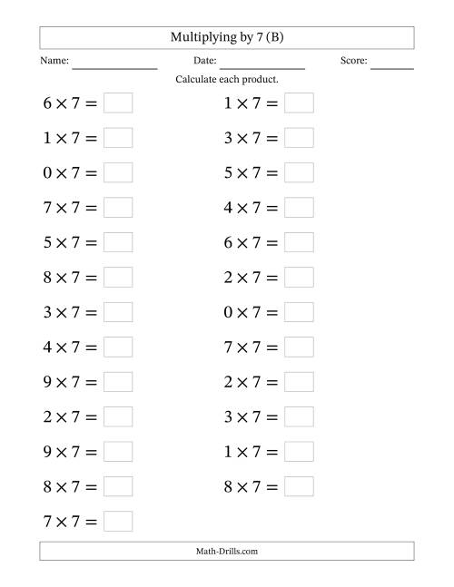 The Horizontally Arranged Multiplying (0 to 9) by 7 (25 Questions; Large Print) (B) Math Worksheet