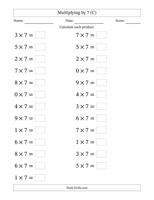 The Horizontally Arranged Multiplying (0 to 9) by 7 (25 Questions; Large Print) (C) Math Worksheet