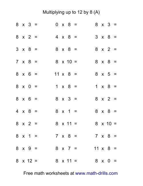 The 36 Horizontal Multiplication Facts Questions -- 8 by 0-12 (A) Math Worksheet