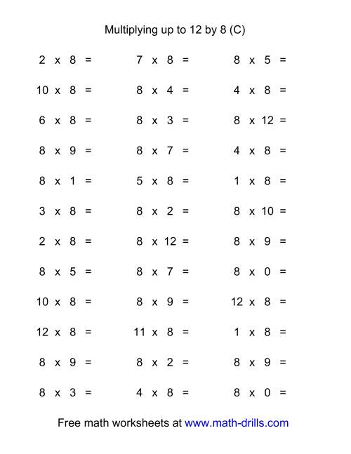 The 36 Horizontal Multiplication Facts Questions -- 8 by 0-12 (C) Math Worksheet