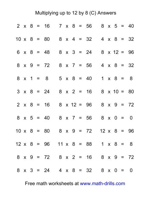 The 36 Horizontal Multiplication Facts Questions -- 8 by 0-12 (C) Math Worksheet Page 2