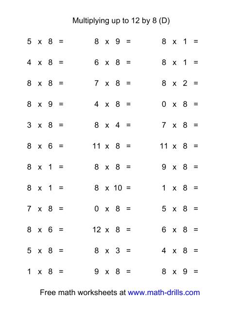 The 36 Horizontal Multiplication Facts Questions -- 8 by 0-12 (D) Math Worksheet