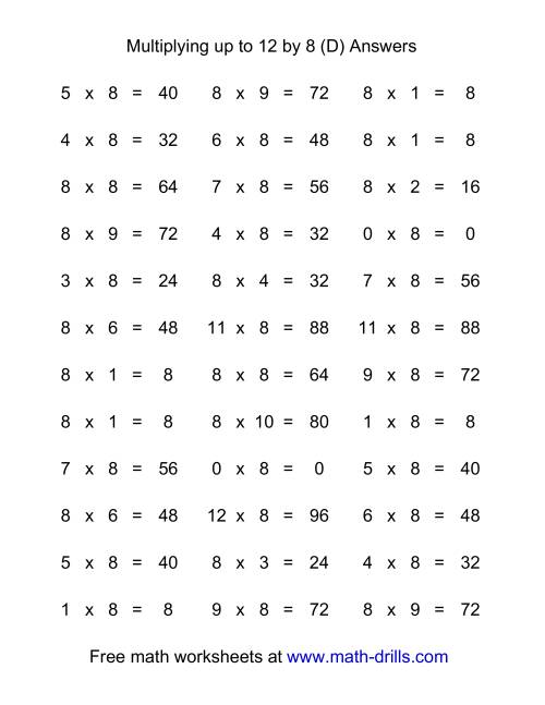 The 36 Horizontal Multiplication Facts Questions -- 8 by 0-12 (D) Math Worksheet Page 2