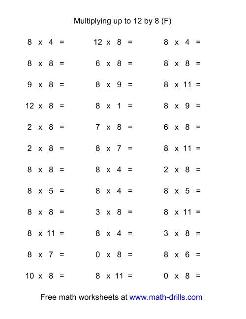 The 36 Horizontal Multiplication Facts Questions -- 8 by 0-12 (F) Math Worksheet
