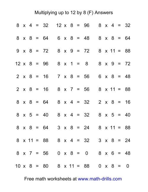 The 36 Horizontal Multiplication Facts Questions -- 8 by 0-12 (F) Math Worksheet Page 2