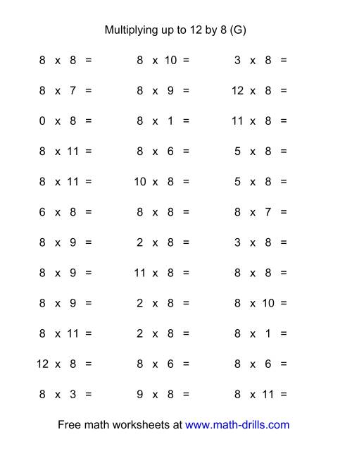 The 36 Horizontal Multiplication Facts Questions -- 8 by 0-12 (G) Math Worksheet