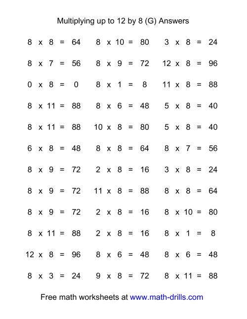 The 36 Horizontal Multiplication Facts Questions -- 8 by 0-12 (G) Math Worksheet Page 2