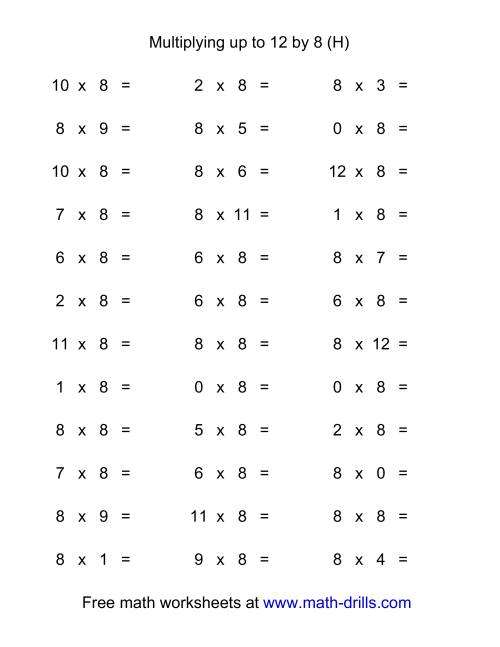 The 36 Horizontal Multiplication Facts Questions -- 8 by 0-12 (H) Math Worksheet