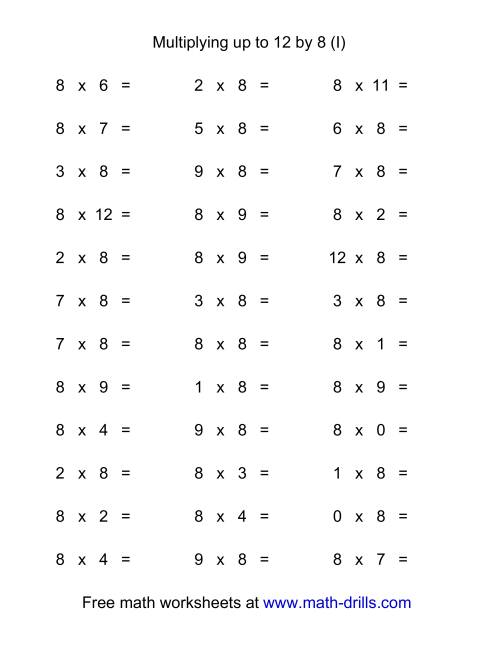 The 36 Horizontal Multiplication Facts Questions -- 8 by 0-12 (I) Math Worksheet