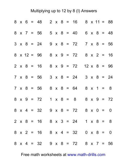 The 36 Horizontal Multiplication Facts Questions -- 8 by 0-12 (I) Math Worksheet Page 2