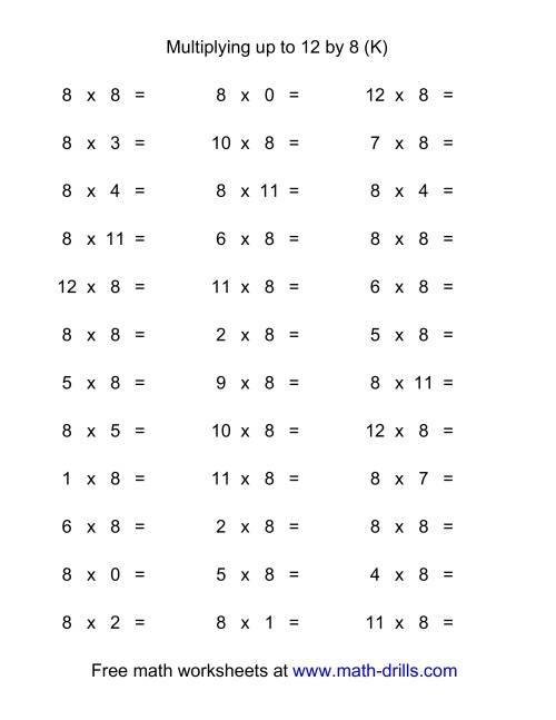 The 36 Horizontal Multiplication Facts Questions -- 8 by 0-12 (K) Math Worksheet
