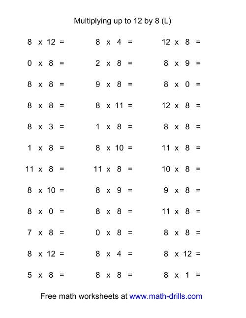 The 36 Horizontal Multiplication Facts Questions -- 8 by 0-12 (L) Math Worksheet