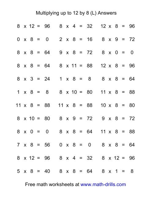 The 36 Horizontal Multiplication Facts Questions -- 8 by 0-12 (L) Math Worksheet Page 2