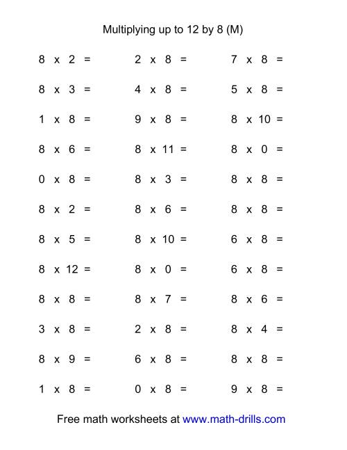 The 36 Horizontal Multiplication Facts Questions -- 8 by 0-12 (M) Math Worksheet