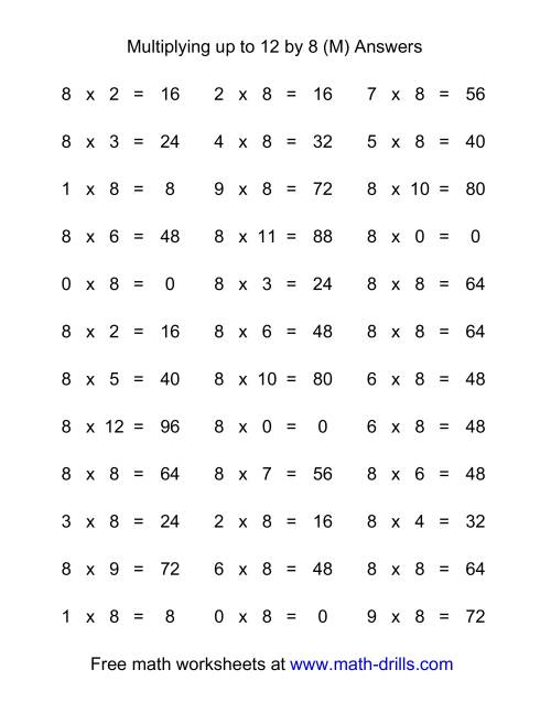 The 36 Horizontal Multiplication Facts Questions -- 8 by 0-12 (M) Math Worksheet Page 2