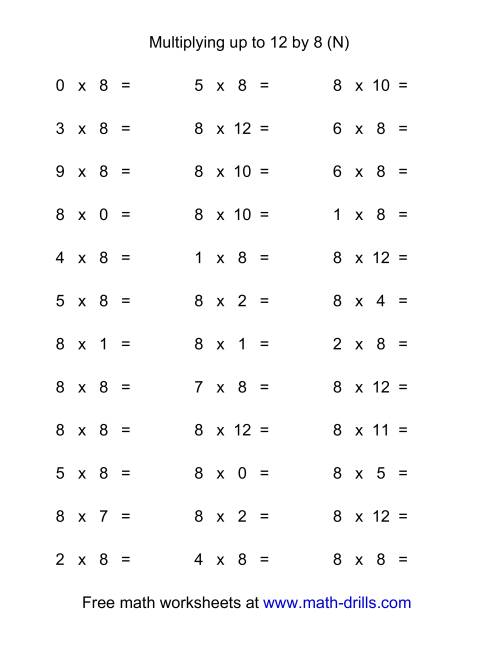The 36 Horizontal Multiplication Facts Questions -- 8 by 0-12 (N) Math Worksheet