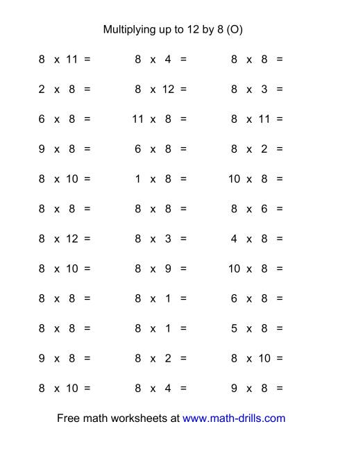 The 36 Horizontal Multiplication Facts Questions -- 8 by 0-12 (O) Math Worksheet