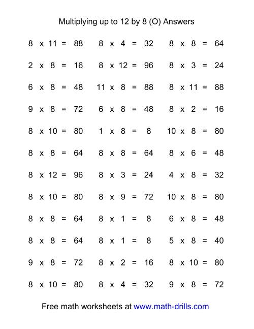 The 36 Horizontal Multiplication Facts Questions -- 8 by 0-12 (O) Math Worksheet Page 2