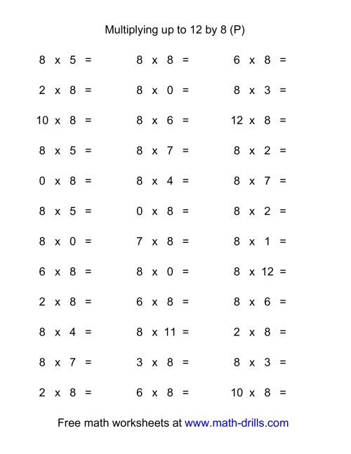 The 36 Horizontal Multiplication Facts Questions -- 8 by 0-12 (P) Math Worksheet