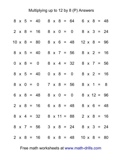 The 36 Horizontal Multiplication Facts Questions -- 8 by 0-12 (P) Math Worksheet Page 2