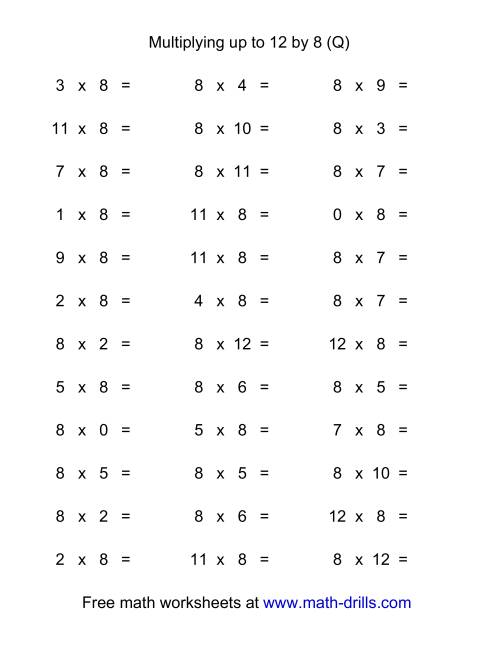 The 36 Horizontal Multiplication Facts Questions -- 8 by 0-12 (Q) Math Worksheet