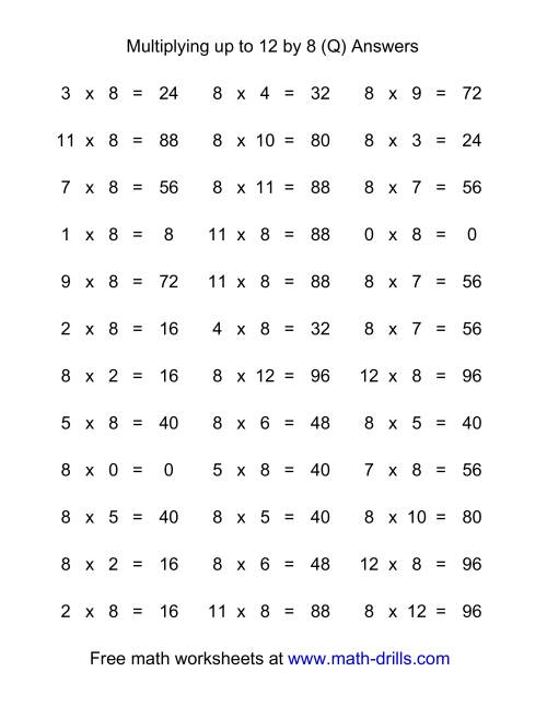 The 36 Horizontal Multiplication Facts Questions -- 8 by 0-12 (Q) Math Worksheet Page 2