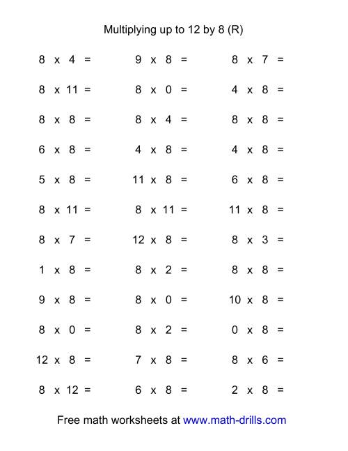 The 36 Horizontal Multiplication Facts Questions -- 8 by 0-12 (R) Math Worksheet