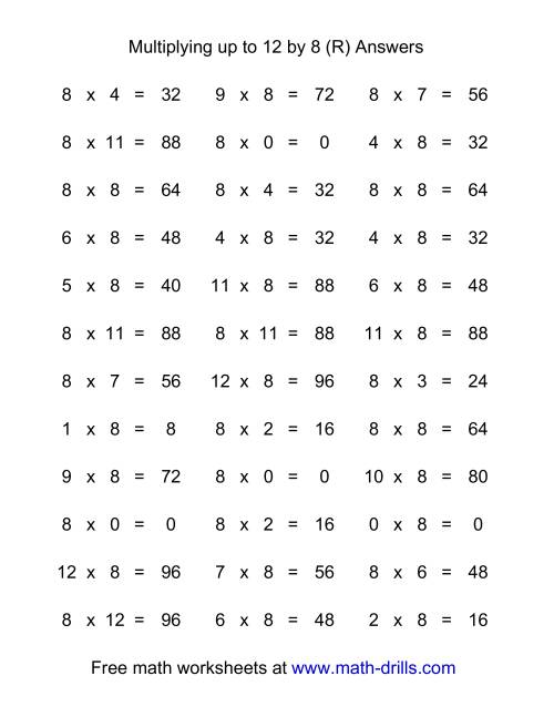The 36 Horizontal Multiplication Facts Questions -- 8 by 0-12 (R) Math Worksheet Page 2