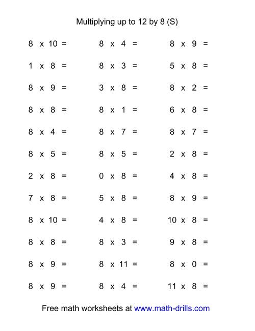 The 36 Horizontal Multiplication Facts Questions -- 8 by 0-12 (S) Math Worksheet