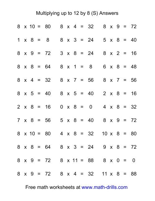 The 36 Horizontal Multiplication Facts Questions -- 8 by 0-12 (S) Math Worksheet Page 2
