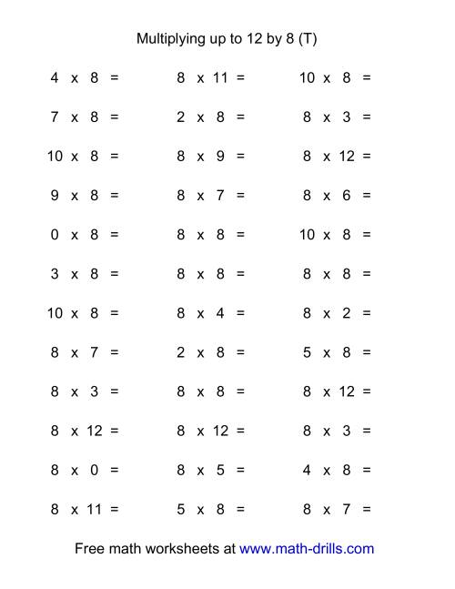 The 36 Horizontal Multiplication Facts Questions -- 8 by 0-12 (T) Math Worksheet