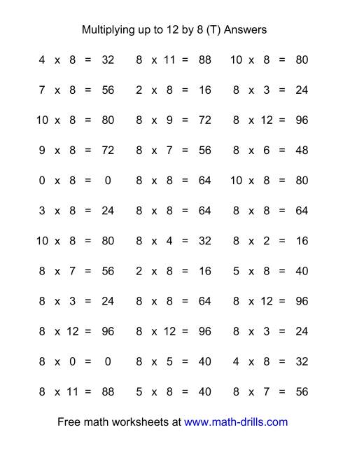 The 36 Horizontal Multiplication Facts Questions -- 8 by 0-12 (T) Math Worksheet Page 2
