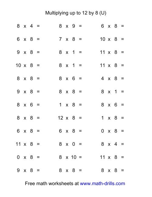 The 36 Horizontal Multiplication Facts Questions -- 8 by 0-12 (U) Math Worksheet