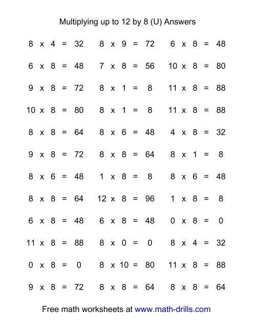 The 36 Horizontal Multiplication Facts Questions -- 8 by 0-12 (U) Math Worksheet Page 2