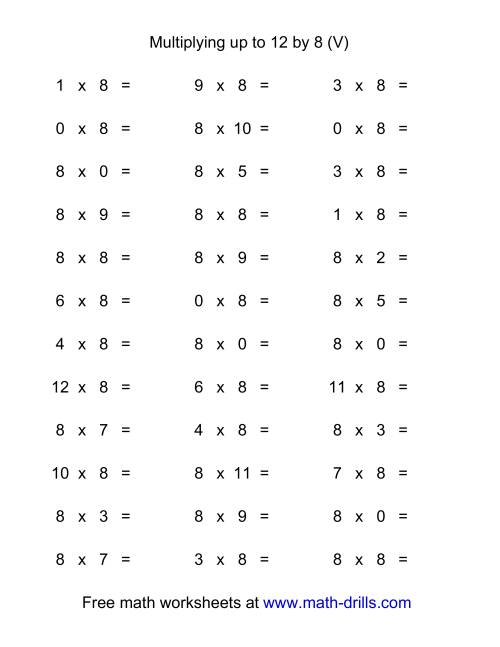 The 36 Horizontal Multiplication Facts Questions -- 8 by 0-12 (V) Math Worksheet