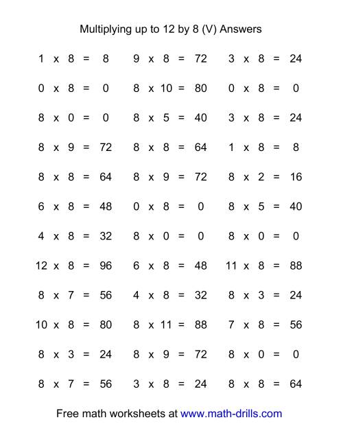 The 36 Horizontal Multiplication Facts Questions -- 8 by 0-12 (V) Math Worksheet Page 2