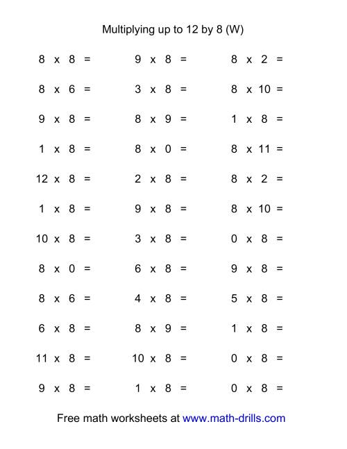 The 36 Horizontal Multiplication Facts Questions -- 8 by 0-12 (W) Math Worksheet