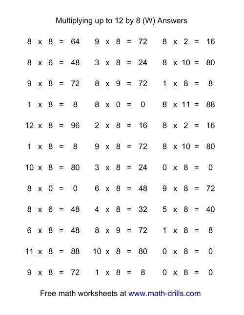 The 36 Horizontal Multiplication Facts Questions -- 8 by 0-12 (W) Math Worksheet Page 2
