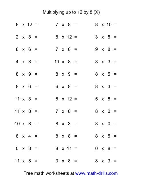 The 36 Horizontal Multiplication Facts Questions -- 8 by 0-12 (X) Math Worksheet
